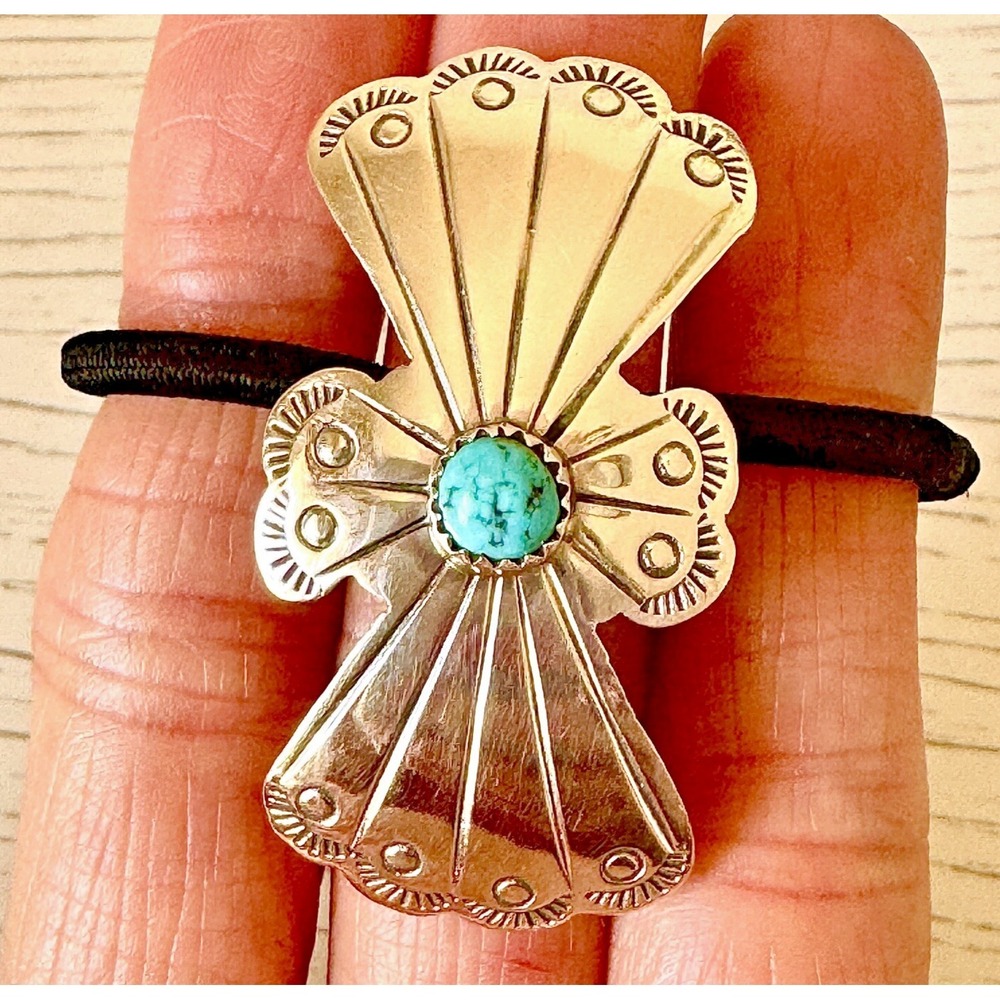 Turquoise Navajo Hair Tie 1.75in Ponytail Hand Stamped Sterling Ornament Concho